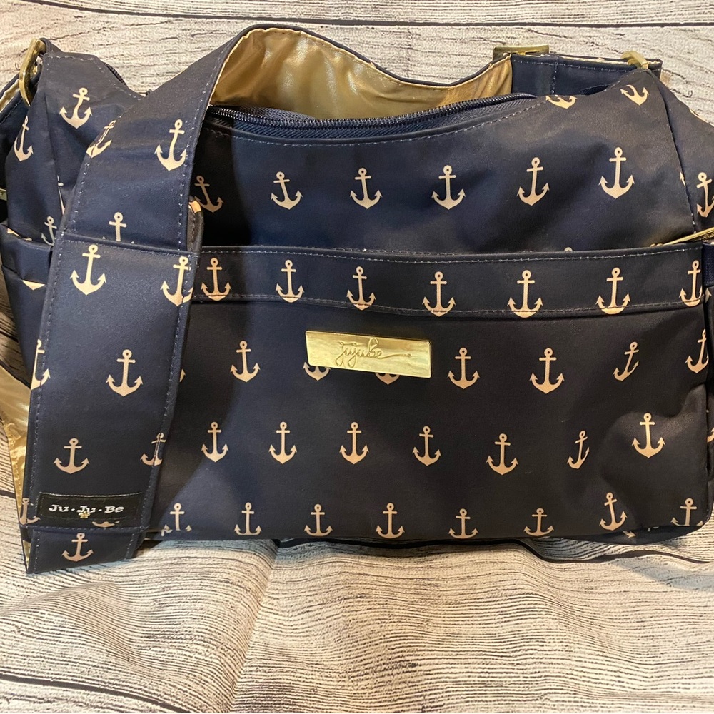 Ju Ju Be Shoulder Diaper Bag with Changing Pad, blue & gold anchor print
